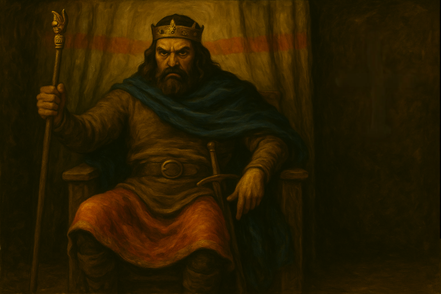 retrato imaginario de Fruela I de Asturias sentado sobre un trono y sosteniendo un báculo dorado con una mano. Tiene una expresión hostil y cruel en el rostro.