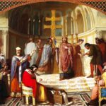 Pintura en lienzo que muestra al rey visigodo Recaredo convirtiéndose al catolicismo durante el III Concilio de Toledo.