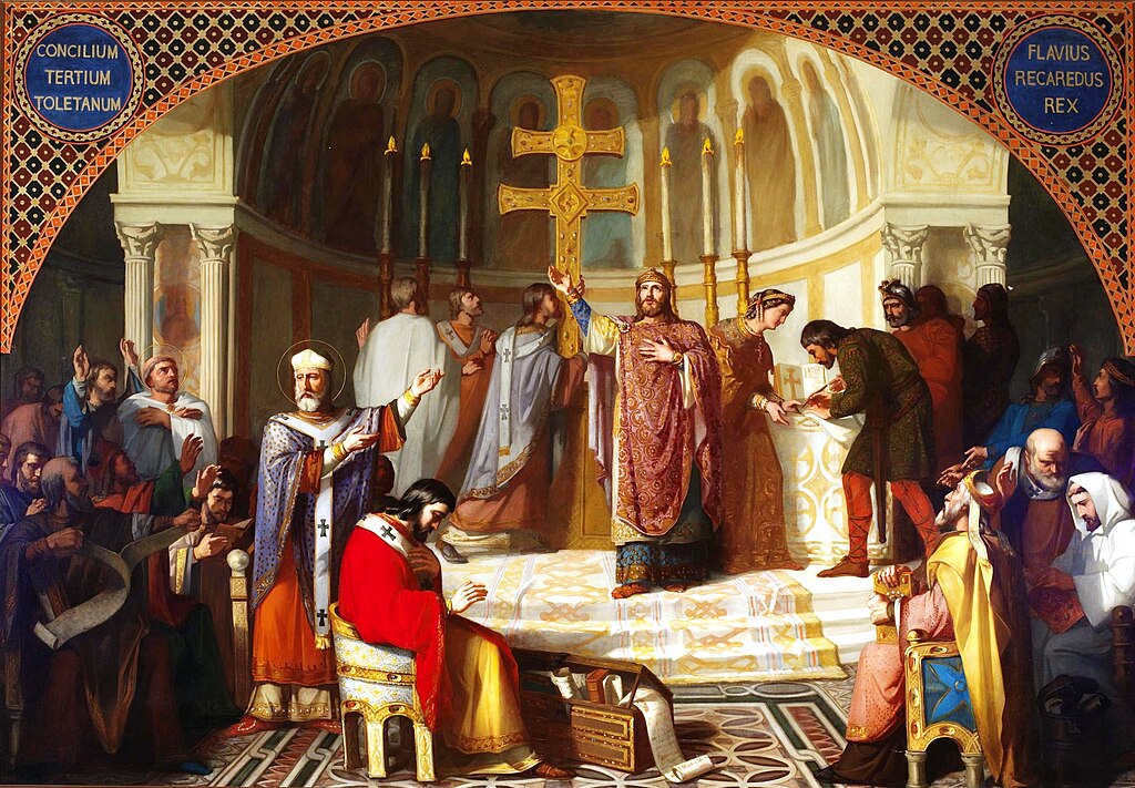 Pintura en lienzo que muestra al rey visigodo Recaredo convirtiéndose al catolicismo durante el III Concilio de Toledo.