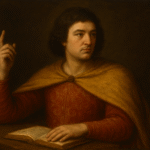 retrato imaginario de Pedro Abelardo frente a una mesa con un libro y apuntando con el dedo índice hacía arriba