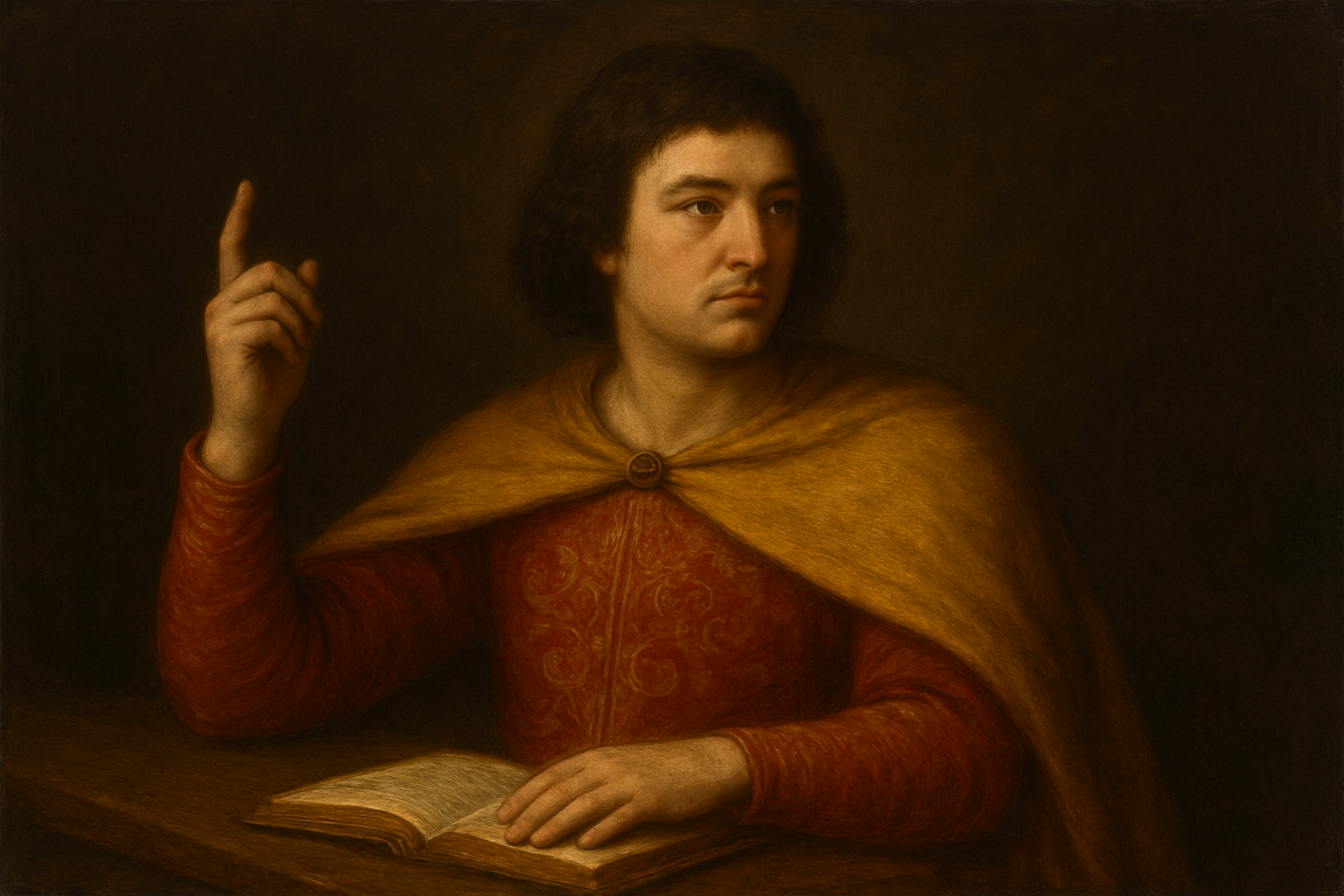 retrato imaginario de Pedro Abelardo frente a una mesa con un libro y apuntando con el dedo índice hacía arriba