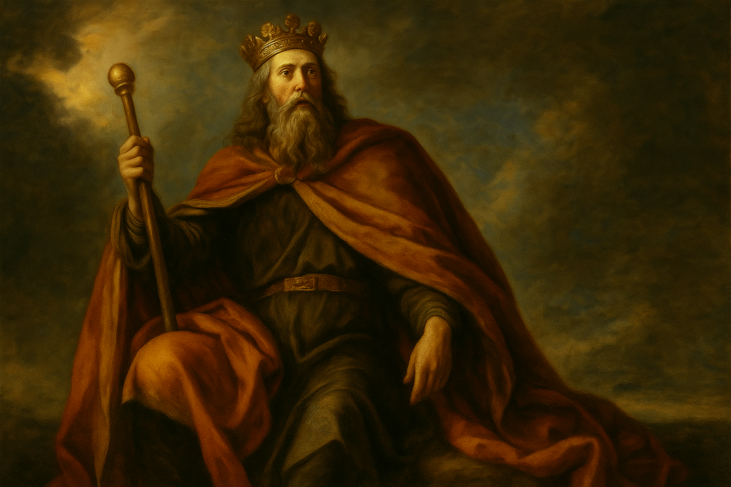 Pintura al óleo que muestra al rey Egberto de Wessex vistiendo una corona y sosteniendo un cetro con su mano derecha.