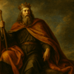 Pintura al óleo que muestra al rey Egberto de Wessex vistiendo una corona y sosteniendo un cetro con su mano derecha.