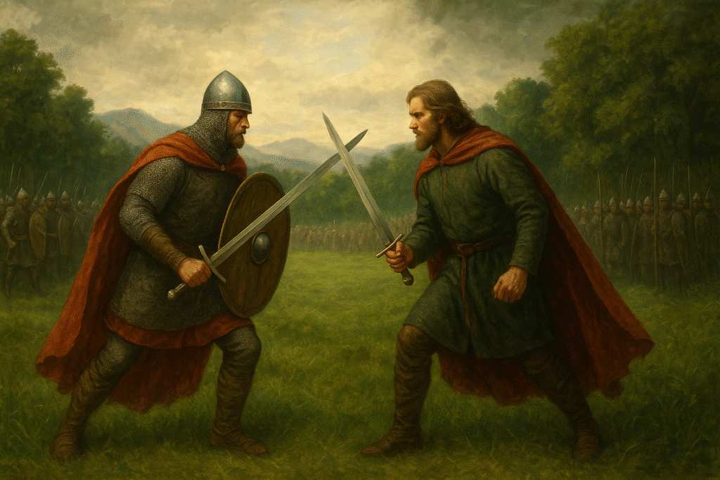 La imagen muestra a dos señores feudales ingleses combatiendo en un escenario frondoso y rodeados de ambos ejércitos