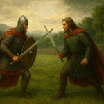 La imagen muestra a dos señores feudales ingleses combatiendo en un escenario frondoso y rodeados de ambos ejércitos