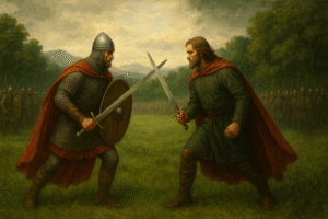 La imagen muestra a dos señores feudales ingleses combatiendo en un escenario frondoso y rodeados de ambos ejércitos