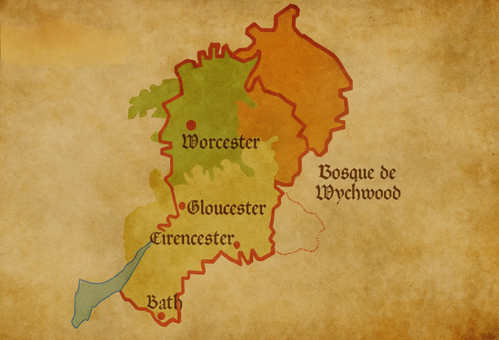 mapa que muestra las fronteras del reino de Hwicce