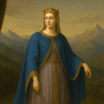 Retrato imaginario de Ermesinda vistiendo una capa azul y una corona sobre la cabeza. En el fondo de la imagen se aprecian unas cumbres de montañas típicas de Asturias.