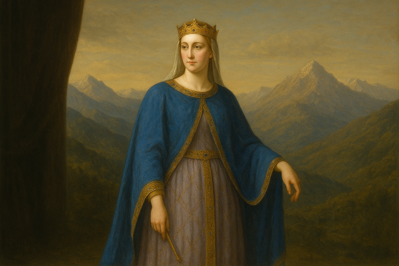 Retrato imaginario de Ermesinda vistiendo una capa azul y una corona sobre la cabeza. En el fondo de la imagen se aprecian unas cumbres de montañas típicas de Asturias.