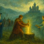 rey arturo sacando la espada de la roca. A su izquierda se encuentra el mago Mer´lín con una túnica azul y a su derecha la Dama del Lago saliendo del agua con las manos extendidas. Al fono de la imagen se muestra unos caballeros a caballo y un castillo sobre un colina