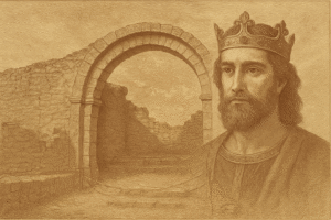 ruinas de Recrópolis con el rostro de Recaredo en el lado derecho de la imagen